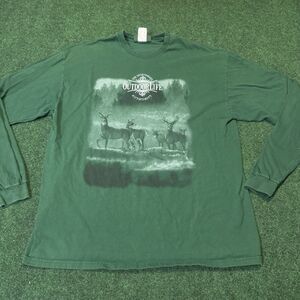 VTG Outdoor Life Deer Forest Long Sleeve Shirt Green XL 90s Hunting Nature Tee